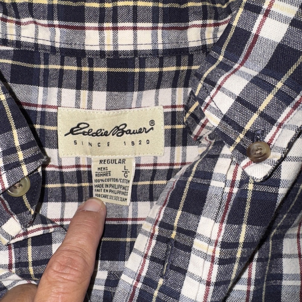 Eddie Bauer Men's Size L White Blue Yellow Red Plaid‎ Long Sleeve Button  Shirt - Picture 2 of 6